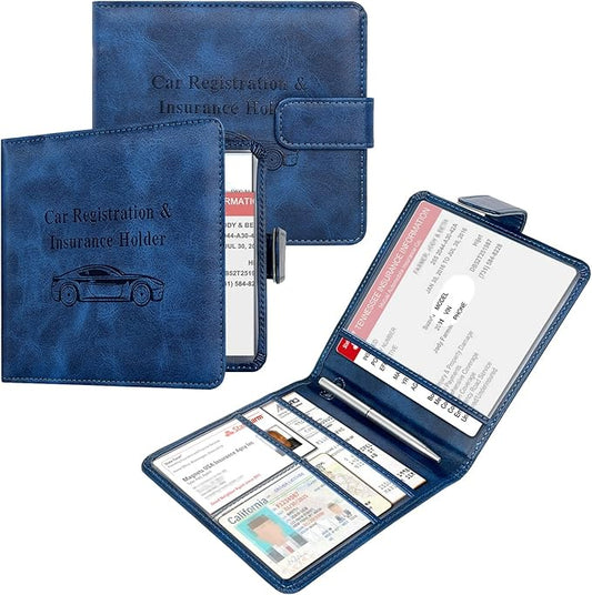 Car Registration and Insurance Holder, Folio Leather Vehicle Card Document Glove Box Organizer Auto Truck Compartment Accessories for Essential Information, Men&Women by YAVIV, Blue