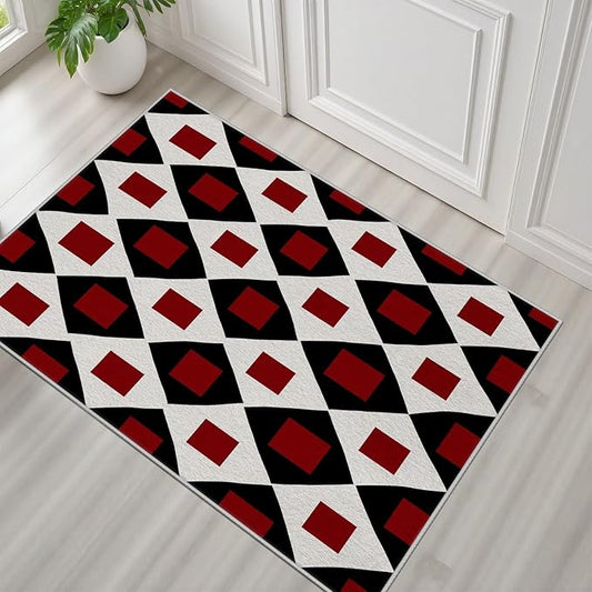Plaid Rug 2x3, Vintage Geometric Soft Ultra Soft Faux Wool Low Pile Rug, Indoor Floor Mats Carpet, Non-Slip Stain Resistant Washable Rugs, Modern Red Rugs for Living Room Home Office Decor