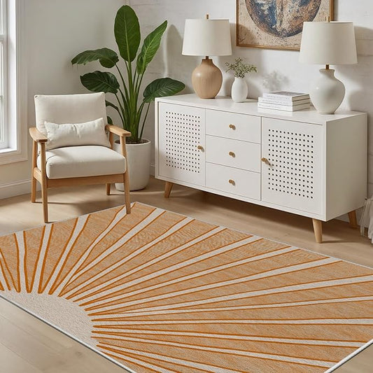 Boho Sun Print Area Rug for Living Room 7x10, Modern Abstract Non-Slip Washable Rugs, Soft Stripe Minimalism Carpet for Bedroom, Nursery, Entryway, Dining Room & Office Decor, Orange White