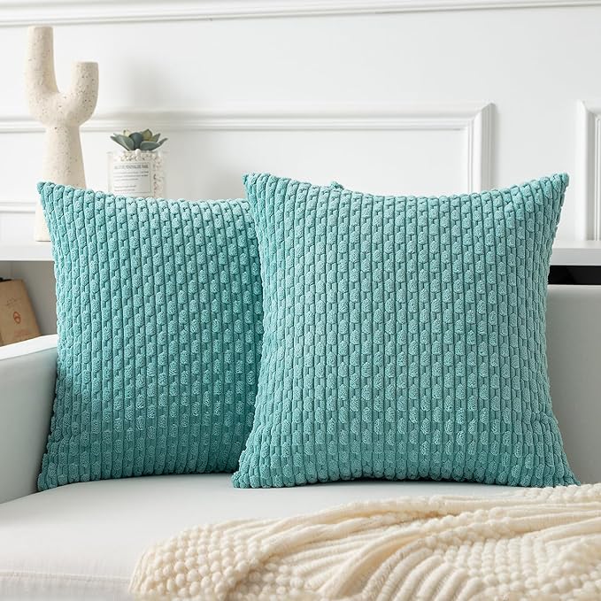 Kevin Textile Throw Pillow Covers Soft Corduroy Decorative Set of 2 Boho Striped Pillow Covers Pillowcases Farmhouse Home Decor for Couch Bed Sofa Living Room 24x24 Inch Aqua Green