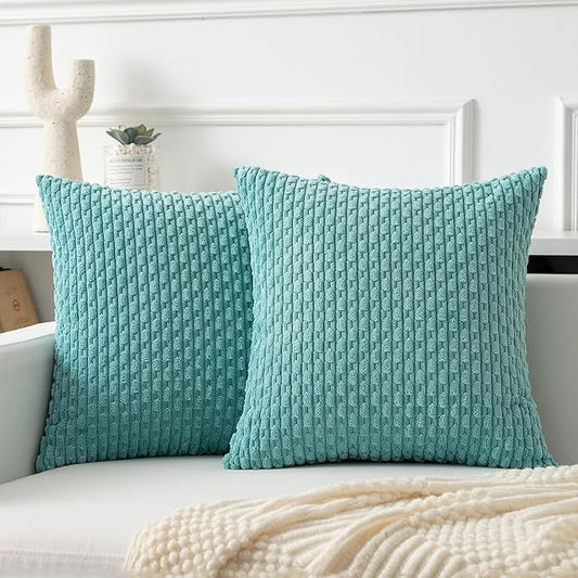 Kevin Textile Throw Pillow Covers Soft Corduroy Decorative Set of 2 Boho Striped Pillow Covers Pillowcases Farmhouse Home Decor for Couch Bed Sofa Living Room 24x24 Inch Aqua Green
