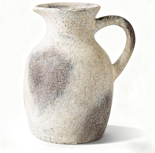 Ceramic Rustic Vase with Handle, Decorative Jug Pitcher, Terracotta Stone Vase for Decor Living Room, Vintage Home Decor, Natural