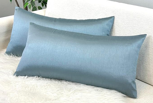 Aiking Home 12x24 Inches Faux Silk Rectangular Throw Pillow Cover, Zipper Closure, Slate (Set of 2)