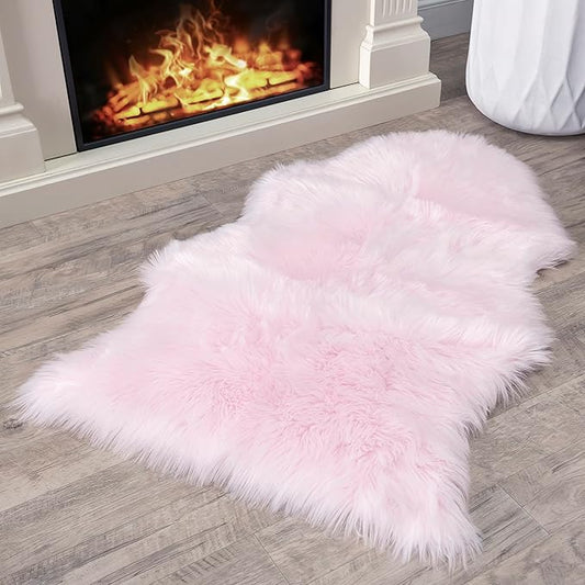 Silky Soft Faux Fur Rug, 2 ft. x 3 ft. Pink Fluffy and Shaggy Sheepskin Area Carpet for Living Rooms, Bedroom, Kid's Room, or Nursery, Home Décor Accent, Machine Washable with Non-Slip Backing