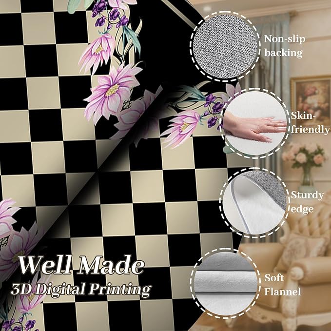Vintage Farmhouse Checkered Hallway Carpet, 2x7ft, Elegant Floral Flower Checkerboard Indoor Throw Rugs, Absorbent Washable Foldable No Crease High Traffic Mat for Laundryroom Floor