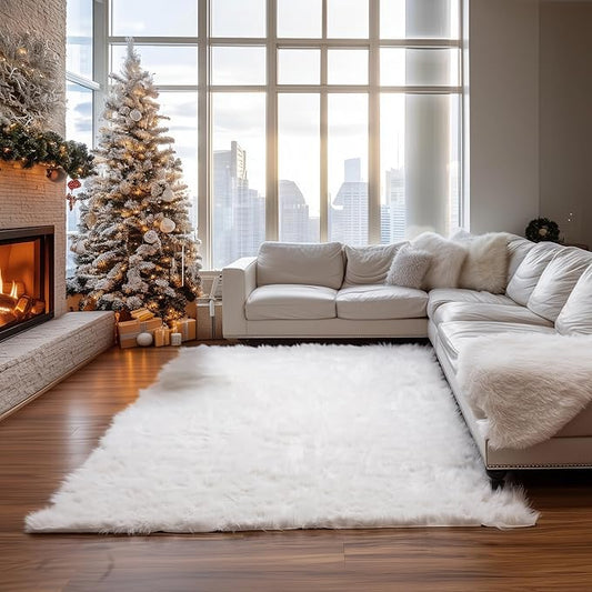 Super Area Rugs White Faux Sheepskin Rug, Large 6 x 9 Feet Living Room Rug, Soft Carpet for Bedroom, Machine Washable Floor Covering