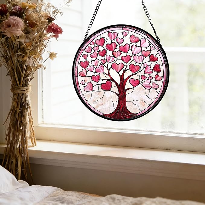 DASTOLL Stained Glass Window Hanging, Pink Love Heart Tree Suncatcher Hangings Beige Sun Catchers Decor for Birthday Holiday for Women, Men, Wife, Aunt, Mom 11.8IN