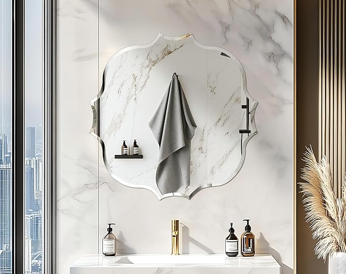 Frameless Scalloped Wall Mirror: Decorative Scallop Round Mirrored Glass Vanity with Beveled Silver Edge for Bathroom Bedroom Livingroom Dining Room Entryway Hallway, 24 x 24 inch