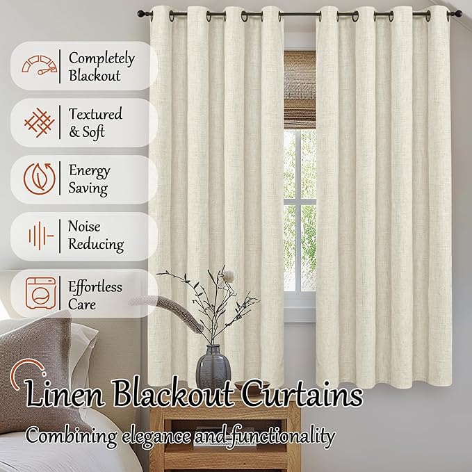 Lajode Blackout Living Room Curtains 72 Inch Long 2 Panels, Textured Linen Black-Out Curtains for Bedroom Light Blocking, Bronze Grommet Thermal Insulated Window Drapery, Each 52" Wide, Natural