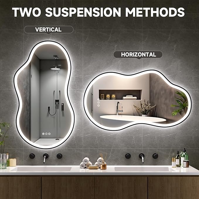 Hasipu Irregular Bathroom Mirror with Lights - 24"x35" LED Asymmetrical Wall Mirror, Abstract Modern Lighted Vanity Mirror for Wall, Anit-Fog, Dimmable, Memory, Vertical/Horizontal (Black