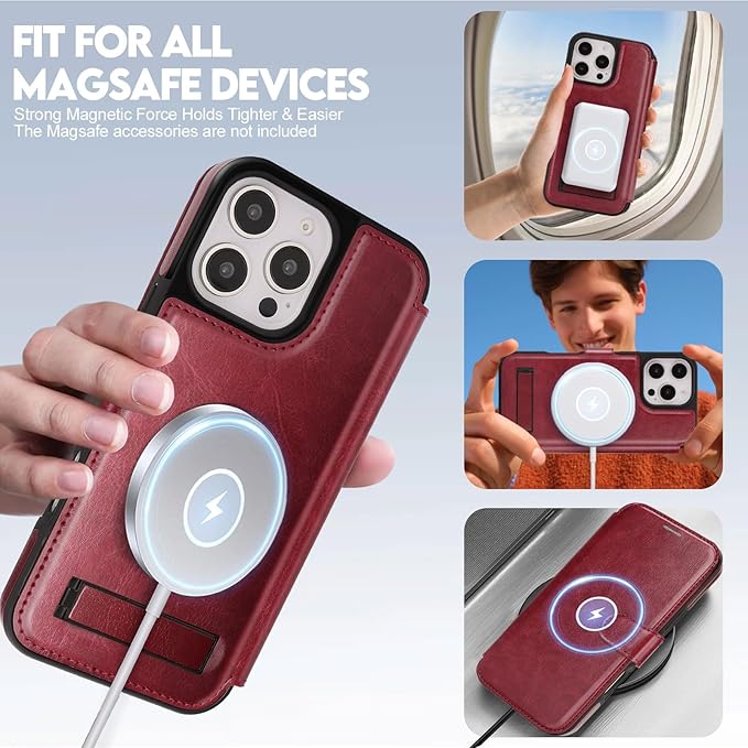 CIVICASE for iPhone 16 Pro Max Wallet Case with Stand,PU Leather Flip Credit Card Holder Slots (RFID Blocking),Compatible with Magsafe Magnetic Holder Phone Cover Women Men,Wine Red