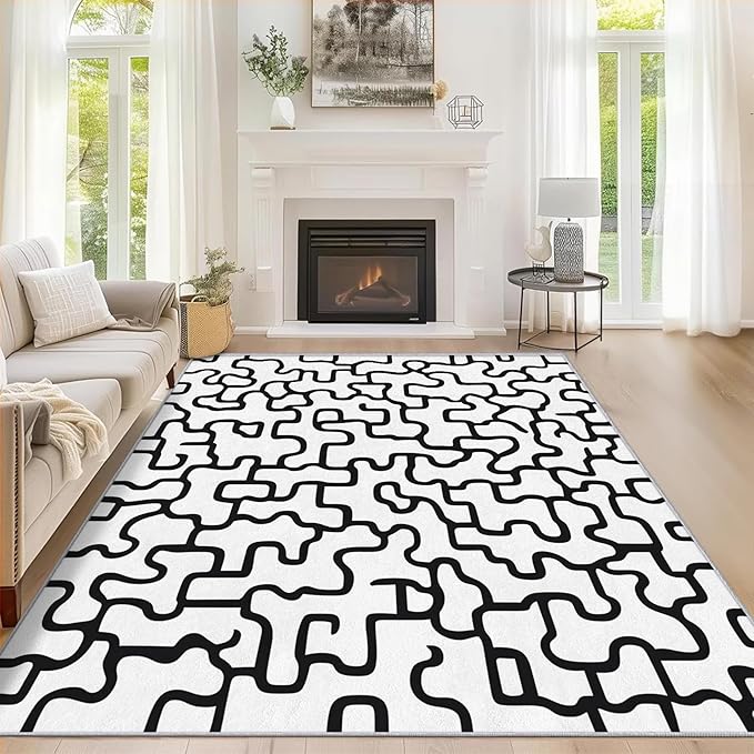 Abstract Geometric Rugs for Home Decor, 5x8 ft, Black and White Labyrinth Area Rugs for Living Room, Soft Non Slip Washable Modern Abstract Line Carpet Bedroom Decorations Dt-Ghf-31