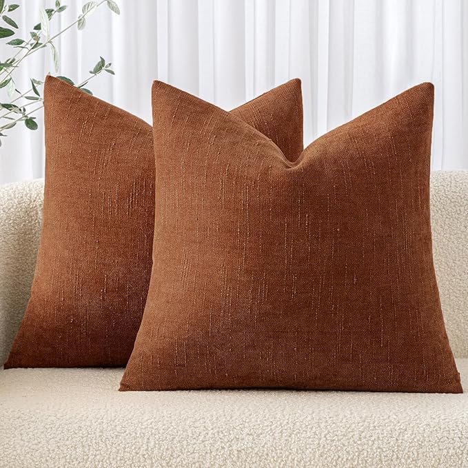 MIULEE Pack of 2 Decorative Throw Pillow Covers Soft Chenille Throw Pillows Solid Textured Cushion Covers for Couch Sofa Bedroom Living Room 18x18 Inch, Dark Rust