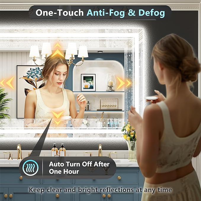 50x36 Inch LED Bathroom Mirror with Lights, Backlit & Front Lit, Anti-Fog Lighted Vanity Mirrors for Bathroom Wall, Dimmable, 3-Color Light, Memory, Shatter-Proof, HD Tempered Glass, CRI ＞90