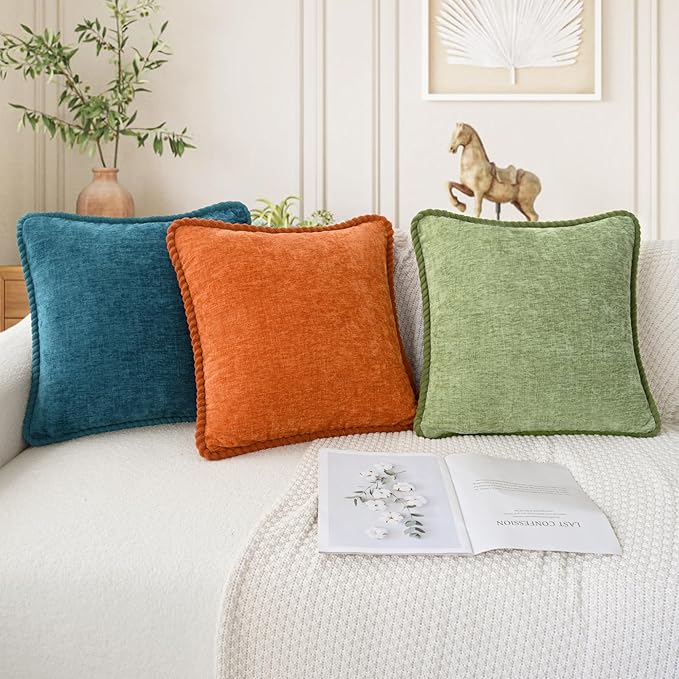 CaliTime Fall Decorative Couch Throw Pillow Covers 18 X 18 Inches Pack of 2 Cozy Chenille Piping Edge Cushion Cases for Sofa Bed Living Room Home Burnt Orange