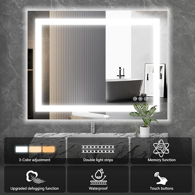 Sweetcrispy 28"x 36" Rectangle LED Bathroom Mirror with Front Light and Backlit, Smart Memory Functionr - Enhanced Anti-Fog Feature, Pure White