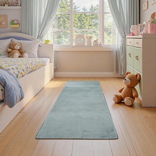 jinchan Solid Plush Runner Rug 2x5 Performance Shaggy Washable Hallway Rug Soft Modern Faux Wool Cozy Non Slip Carpet for Bedroom Laundry Room Living Room Kids Nursery Slate Blue