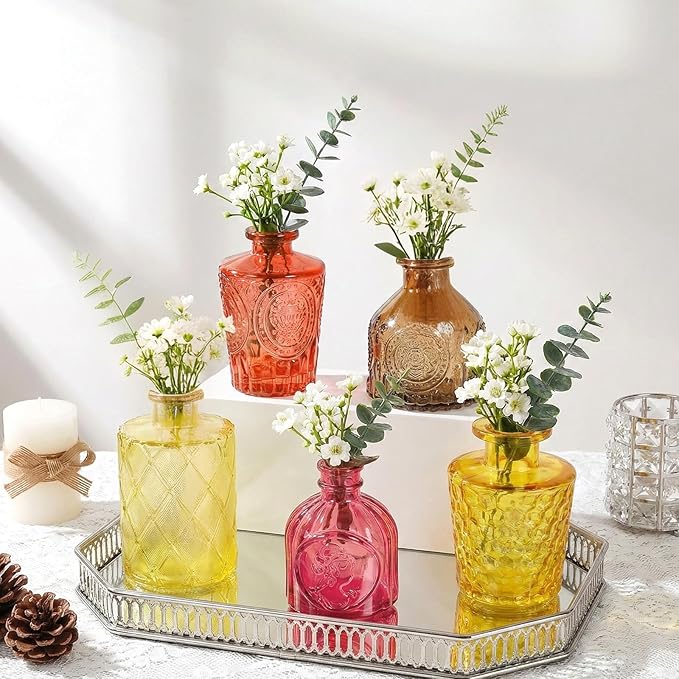 Set of 30 Gold Colored Glass Bud Vases - Small Textured Flower Vases for Centerpieces, Wedding Table Decor, Retro Home Decor Bulk Vase Set for DIY, Events & Gifts