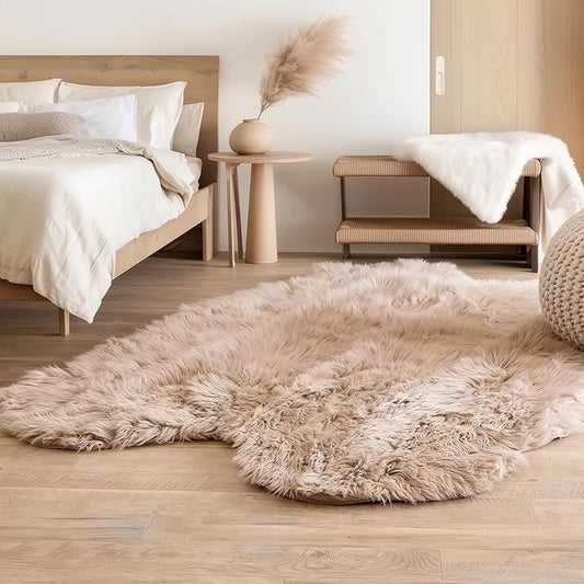 Super Area Rugs Ultra Soft & Fluffy Faux Sheepskin Fur Rug, Light Brown 4 x 6 Feet Sheepskin Carpet for Bedroom Living Room