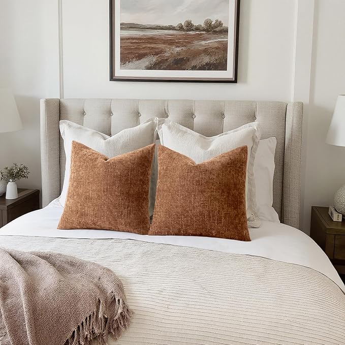 MIULEE Pack of 2 Decorative Throw Pillow Covers Soft Chenille Throw Pillows Solid Neutral Farmhouse Textured Cushion Covers Morden Home Decor for Couch Sofa Bedroom Living Room 22x22 Inch,Dark Brown