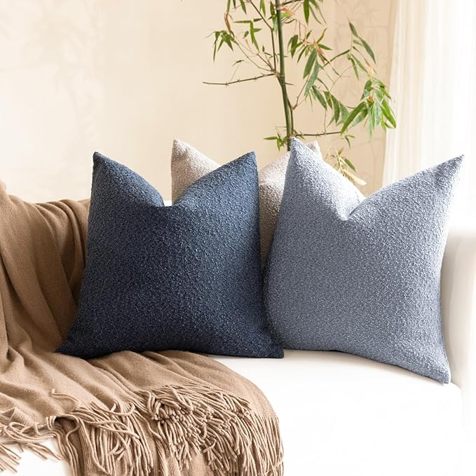 Boucle Decorative Throw Pillow Covers for Couch Set of 2, 22x22 inches, Light Blue