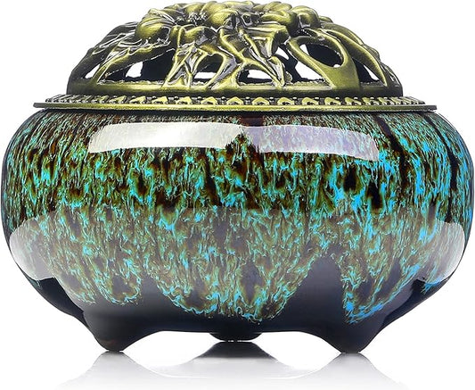 Incense Burner with Calabash Incense Stick Holder - Porcelain Charcoal Censer for Use with Resin Granular Powder Cone or Coil Incense (Kiln-Colored Blue)