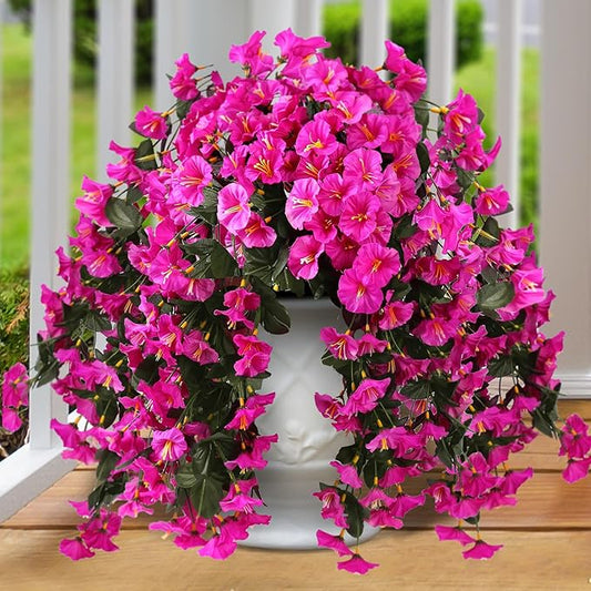 Sggvecsy Artificial Fake Hanging Flowers Plants for Outdoor Outside Spring Summer Decoration 2PCS Faux Silk UV Resistant Realistic Morning Glory Trailing Vines for Home Porch Patio Balcony(Purple red)