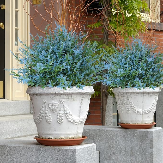 RECUTMS Spring Decoration, Artificial Greenery,Outdoor Artificial Flowers Fake Outdoor Plants, Faux Greenery for Indoor Outside Hanging Plants Garden Porch Window Box Home Farmhouse Décor(Blue)