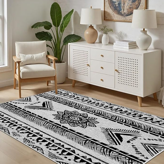 Area Rugs Moroccan for Living Room 7x9, Washable Non-Slip Boho Rug, Neutral Farmhouse Soft Carpet for Bedroom, Kitchen, Dining Room, Entryway, Geometric Print Tribal Carpets, Black and White