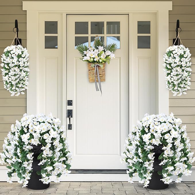 Sggvecsy Artificial Fake Hanging Flowers Plants for Outdoor Outside Spring Summer Decoration 2PCS Faux Silk UV Resistant Realistic Morning Glory Trailing Vines for Home Porch Patio Balcony(White)
