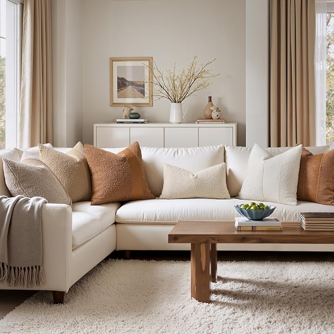 MIULEE Boucle Throw Pillow Covers 18x18 Inch Set of 2 Brown Faux Leather Textured Decorative Pillow Cases Boho Farmhouse Accents Cushion Covers for Couch Bed Livingroom Home Decor
