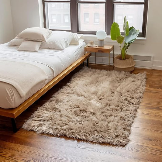 Super Area Rugs Ultra Soft & Fluffy Faux Sheepskin Rug, Light Brown 3 x 5 Feet Carpet for Bedroom Living Room