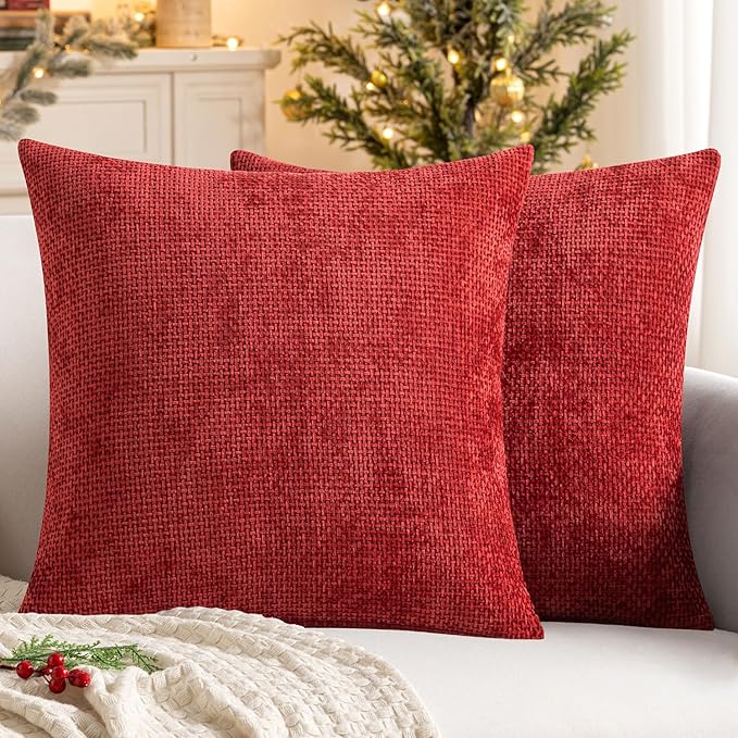 MIULEE Pack of 2 Christmas Red Couch Throw Pillow Covers 18x18 Inch Modern Boho Accent Decorative Pillow Covers Soft Chenille Farmhouse Cushion Covers for Home Decor Bed Sofa Living Room