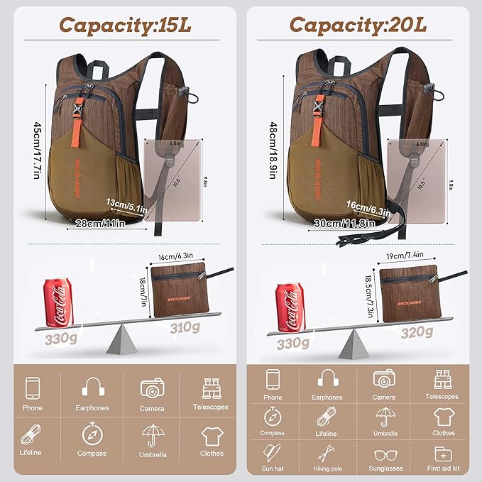 BECOJADDE 20L Small Hiking Backpack for Men Women Foldable Packable Back Pack Ultralight Hiking Daypack for Travel Camping Outdoor, Chocolate Brown