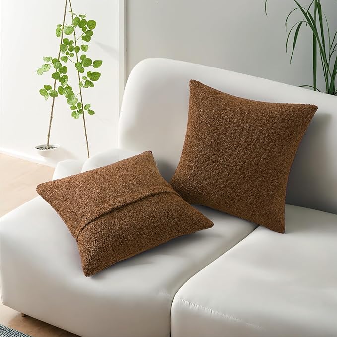 HAUSSY Set of 2 22x22 Decorative Throw Pillow Covers, Soft Cozy Textured Boucle Couch Cases, Home Decor for Couch Bed Living Room, Tobacco