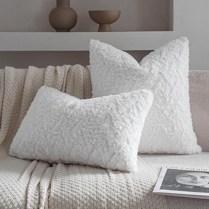 Neelvin Set of 2 Faux Fur Throw Pillow Covers 16x16 Inch White Cozy Soft Solid Decorative Pillowcases Thick Plush Sheepskin Cushion Case for Chair and Couch Sofa Bedroom