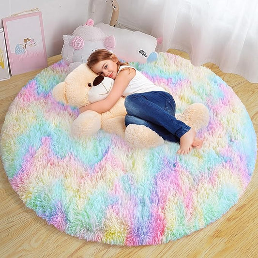 Round Fluffy Rugs 5Ft for Girls Bedroom, Rainbow Shag Circle Kids Rug Non-Slip for Bedside Dorm Nursery Playroom, Soft Cute Area Rugs for Living Room Decor