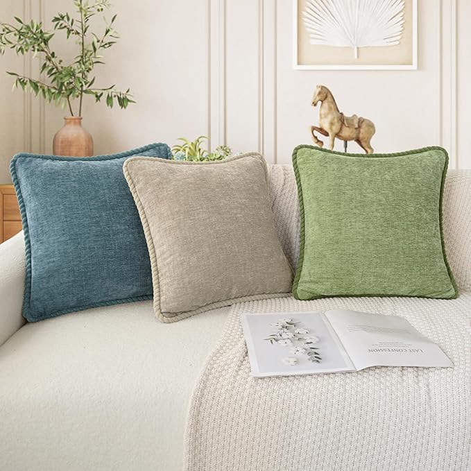CaliTime Decorative Couch Throw Pillow Covers 18 X 18 Inches Pack of 2 Cozy Chenille Piping Edge Cushion Cases for Sofa Bed Living Room Home Smoke Blue