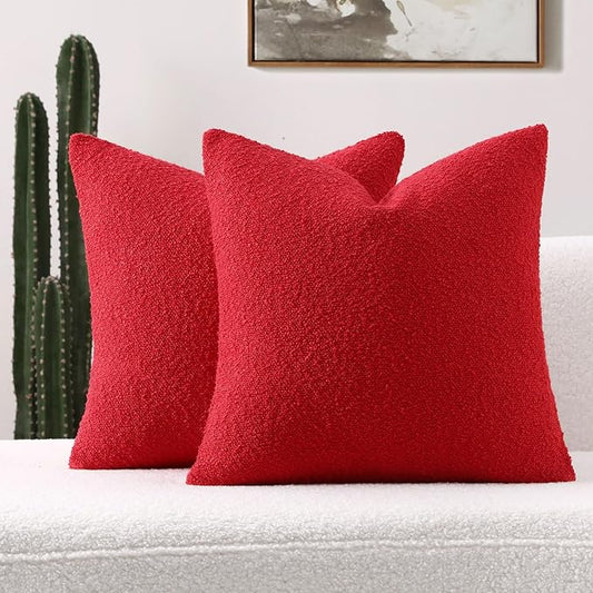FUTEI Christmas Pack of 2 Red Decorative Throw Pillow Covers 24x24 Inch Soft Cozy Solid Boucle Textured European Cushion Case,Modern Home Decor for Couch Bed Living Room