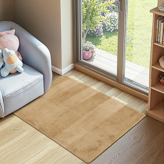 jinchan Solid Plush Area Rug 2x3 Performance Shaggy Washable Rug Indoor Entryway Doormat Soft Modern Faux Wool Cozy Non Slip Carpet for Living Room Kid Room Bedroom Nursery Tan