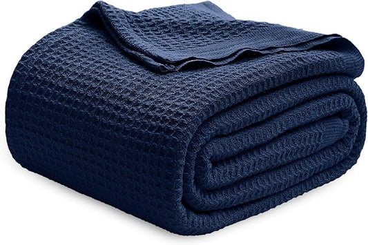 Bedsure Gentlesoft 100% Cotton Blanket King Size for Bed - Breathable and Soft, Thick Cozy Waffle Weave Christmas Blanket Gift for Women, Pageant Blue, 104x90 inches