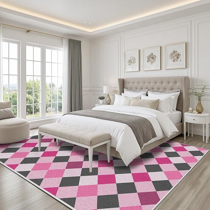 Diamond Checkered Rug 4x5, Soft Ultra Soft Faux Wool Abstract Geometric Rugs, Indoor Floor Mats Carpet, Non Slip&Non-Shedding Low Pile Washable Rugs, Modern Red Rug for Bedroom