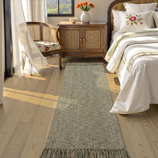 Collive Long Hallway Runner Rug 2.6' x 7', Washable Rugs Indoor Entryway Runner Rug, Modern Natural/Green Kitchen Runner Rugs Cotton Braided Low-Profile Bedroom Carpet for Laundry Room Bathroom