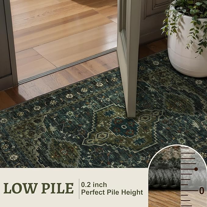 Tangsoo 2x5 Washable Runner Rug for Hallways, Non Slip Vintage Runner Rug, Soft Low Pile Long Rug Runner, Print Distressed Carpet Runners for Kitchen Bedroom Entryway Bathroom Living Room Olive Green