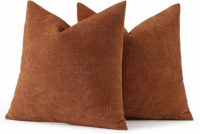MIULEE Pack of 2 Decorative Throw Pillow Covers Soft Chenille Throw Pillows Solid Textured Euro Cushion Covers for Couch Sofa Bedroom Living Room 22x22 Inch, Dark Rust