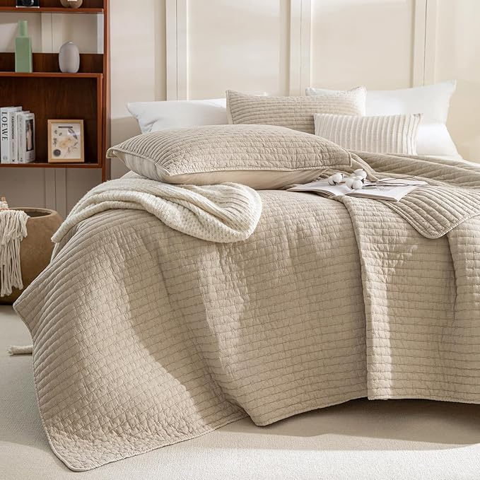 Sanracie Stonewashed Cotton Coverlet King Size(110"x98"), Dark Wheat Colored Cross Stitch Pattern Quilt Bedding Set 3Pcs Extra Soft Breathable Crinkle Quilted Bedspread Set for All Season