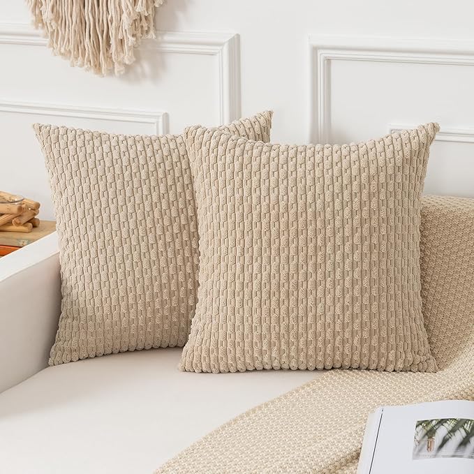 Kevin Textile Euro Sham Pillow Covers 28x28 Inch 2 Packs Soft Boho Striped Corduroy Decorative Throw Pillows for Living Room Couch Bed Sofa Rustic Farmhouse Home Decor 71x71cm Beige