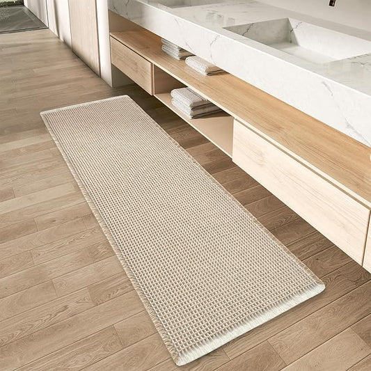 AMOAMI Upgraded Waffle Runner Rug Super Absorbent Non Slip Bath Mats for Bathroom Machine Washable Bathroom Runner Rug with Tassels, Ideal for Hallway Bedroom Laundry Room, 2' x 4', Brown & Cream