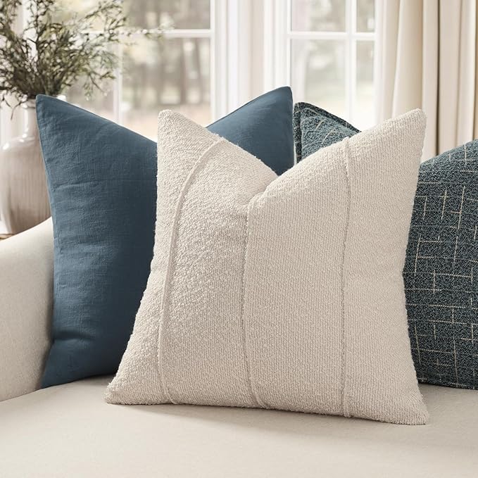 YCOLL Textured Boucle Throw Pillow Covers 20x20 Pack of 2 - Soft Neutral Striped Cushion Covers, Cozy Accent Decorative Pillow Covers for Couch, Sofa, Bed, Living Room (Beige)