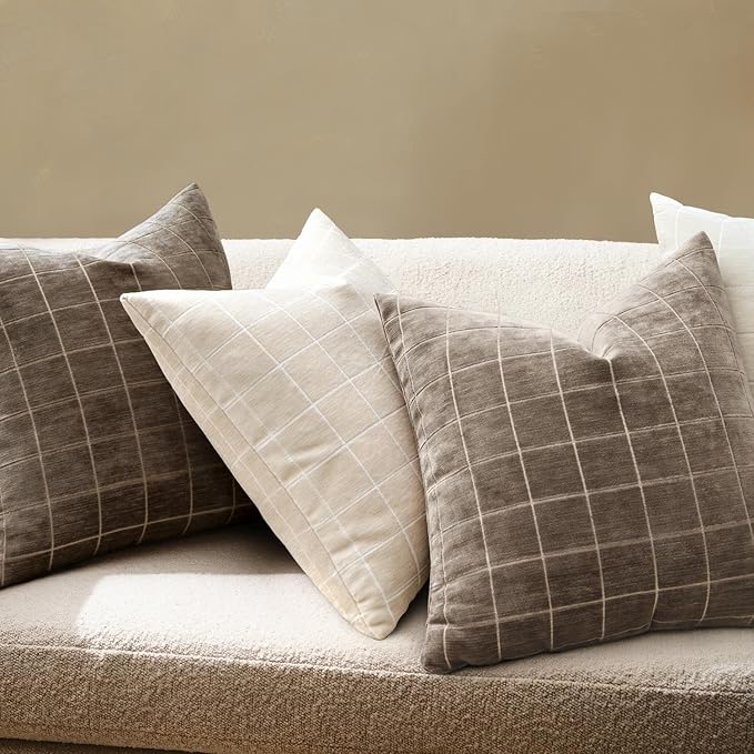 MIULEE Decorative Chenille Check Euro Shams Throw Pillow Covers Vintage Plaid Couch Pillows 24x24 Inch Set of 2 Neutral Boho Cushion Covers Modern Spring Decor for Sofa Bed Living Room Taupe Grey